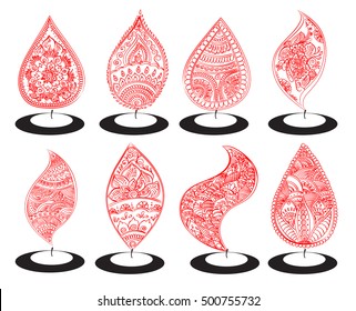 Vector set of abstract oil lit lamp with henna patterns. Illustration for indian festival of lights, Happy Diwali celebration. Stock design on white background.