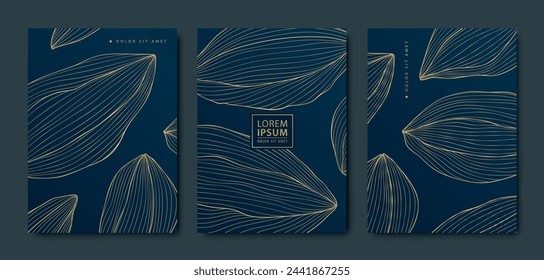 Vector set of abstract old organic shapes, beans, florals, leaves patterns. Luxury golden texture design, elegant plant wallpaper, covers, labels. 