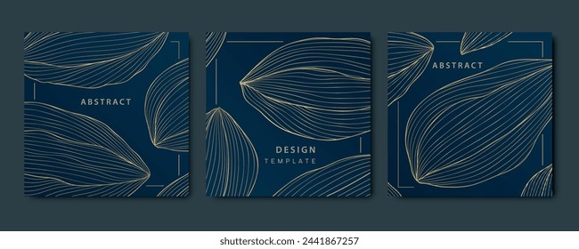 Vector set of abstract old organic shapes, beans, florals, leaves patterns. Luxury golden texture design, elegant plant wallpaper, covers, labels. 