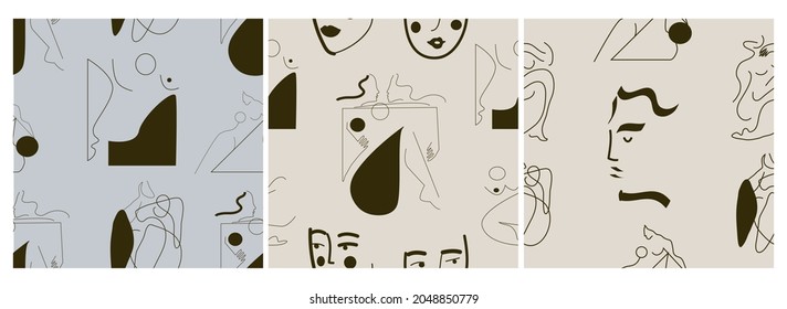 Vector set, Abstract one line. Contemporary silhouettes of woman. Portraits in minimalistic style. Hand drawn trendy vector illustrations for print.