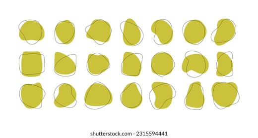 Vector set of abstract organic amoebas. Liquid base forms of green color with a line, asymmetric spots. Isolated graphic elements on a white background.
