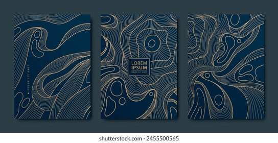 Conjunto de Vector de fondo de diseño orgánico abstracto, patrón de arte de oro de línea, forma de mármol ondulado. Ilustración de curva de flujo, elemento líquido. Folleto, póster, folleto, portada