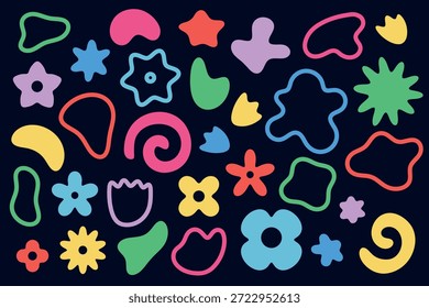 Vector set of abstract organic doodle shapes in a minimalist style. Simple colorful free-form elements on a dark background.
