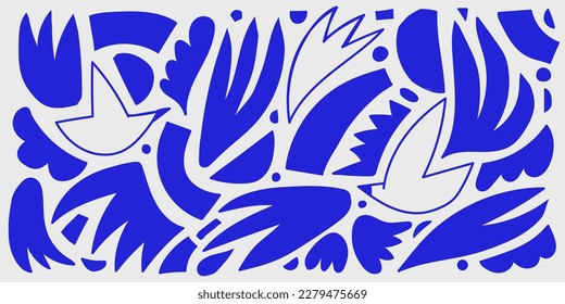 Vector set of abstract organic shapes, collage cutout style, contemporary art composition. Matisse inspired, flowers, leaves, birds, geometry