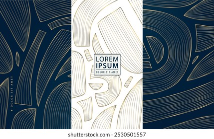 Vector set of abstract organic shapes cards, modern art African style posters, minimal geometric covers. Gold on white and dark background 