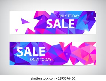 Vector set of abstract origami geometric sale banners. Purple low poly facet promotion banners