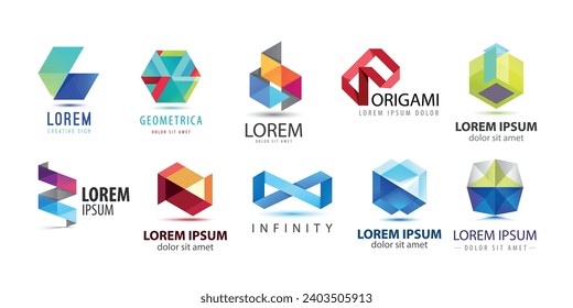 Vector set of abstract origami, geometric logos. Company business design elements, hexagon shapes, graphic signs. 