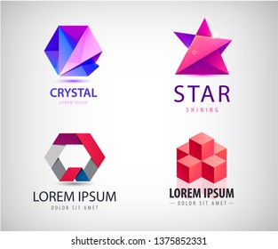 Vector Set Of Abstract Origami Logos. Star, Cube Structure, Construction, Hexagon, Crystal
