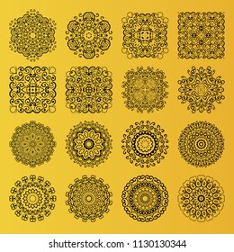 Vector set. Abstract patterns of Mandalas, 16 radial decorations on a yellow background.
