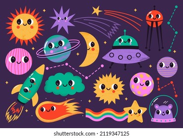 Vector set of abstract planets, stars, ufo, rocket and other space elements with cute faces. Geometric cosmic shapes in trendy style. Colorful bizarre characters with texture