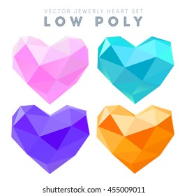 Vector set Abstract polygonal heart. Love symbol. Heart low-poly colorful style. Pink, orange, turquoise, purple low-poly heart
