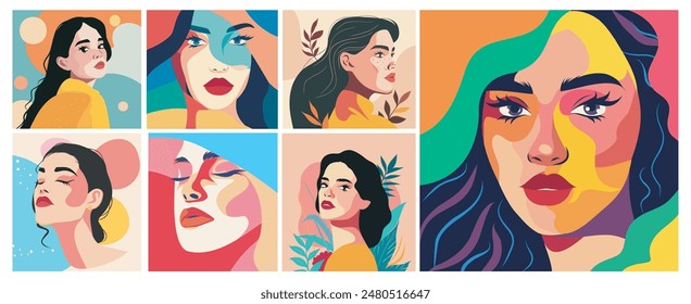 Vector set of abstract portraits of different women paintings posters in bright colors for social media print