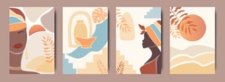 Vector Set Of Abstract Posters With African Woman In Turban In Minimalistic Style. Ceramic Vase And Jugs, Plants, Abstract Shapes And Landscape.  Collection Of Contemporary Art. 