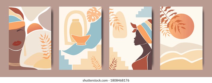 Vector Set of abstract posters with African woman in turban in minimalistic style. Ceramic vase and jugs, plants, abstract shapes and landscape.  Collection of contemporary art. 