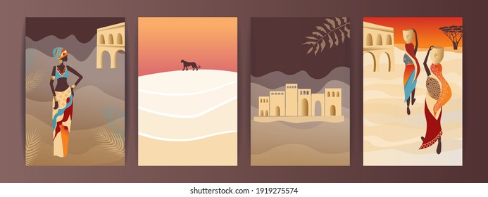 Vector Set of abstract posters with African woman in turban in minimalistic style. 
African women walk in the desert, city in Africa, leopard.  