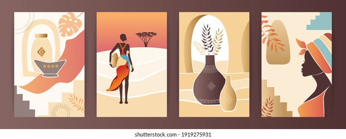 Vector Set of abstract posters with African woman in turban in minimalistic style. Ceramic vase and jugs, plants, abstract shapes and landscape.  Collection of contemporary art. 