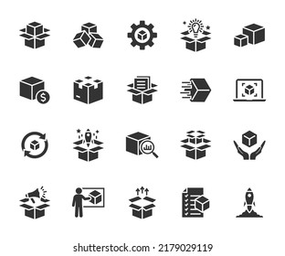 Vector set of abstract product flat icons. Contains icons product release, module, presentation, product development, packaging, cost, product launch and more. Pixel perfect.