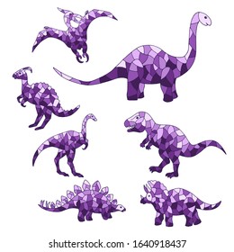 Vector set of abstract purple dinosaurs on a white background. For design of mosaics, stained glass, covers, packages, and textile prints