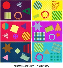 Vector set of an abstract retro of Memphis on a color background with multicolored simple geometrical forms 