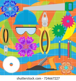 Vector set of an abstract retro of Memphis on a color background with multicolored simple geometrical forms and tools. For the press on shirts