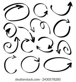 Vector set of abstract round bold arrows . Hand drawn rounded and crooked grunge pointers. Isolated Ink drawn lines elements for design.