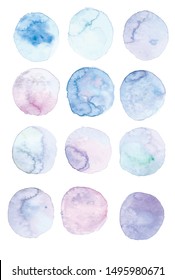 Vector set of abstract round watercolor splashes in blue, pink and green tones.