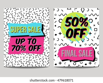 Vector set of abstract sale posters in retro 80s, 90s memphis style with geometric elements