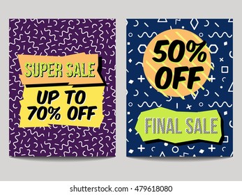 Vector set of abstract sale posters in retro 80s, 90s memphis style with geometric elements