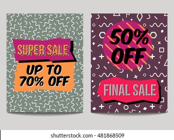 Vector set of abstract sale posters in retro 80s, 90s memphis style with geometric elements