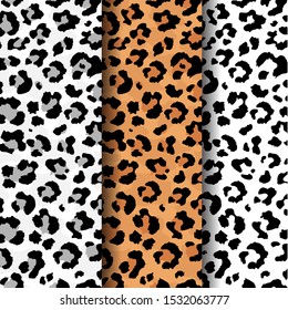 Vector set of abstract seamless pattern of leopard predatory print. Modern animal fur fashion background collection. Realistic Leopard print. Exotic wild animal skin pattern for textile, decoration.