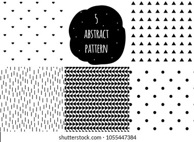 Vector set of abstract seamless patterns. Modern minimalist designs with dots, stripes, triangles, hearts for textile, wrapping paper, web, fashion, surface design.