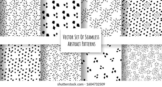 Vector set of abstract seamless patterns in naive style. Monochrome ornaments for fabrics, surfaces, paper wrapping. Minimalistic endless textures. Hygge design.