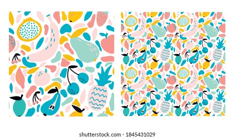 Vector set of abstract seamless patterns with fruits and berries, different sizes. Pattern for postcards, banners, and fabrics. Pastel color. On white background. Abstract spots and fruits.