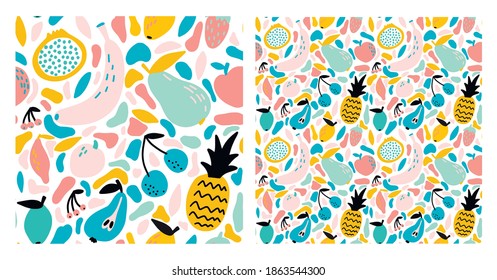 Vector set of abstract seamless patterns with fruits and berries.  Pattern for postcards, banners, and fabrics. Pastel color. Abstract spots and fruits.