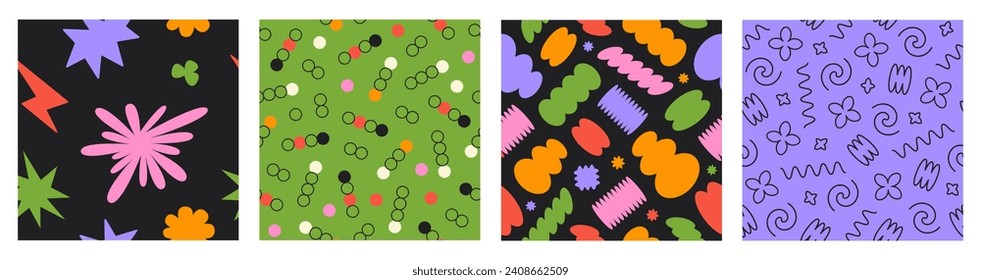 Vector set of Abstract seamless patterns with colorful playful cartoon shapes and lines. Trendy random shapes. Bright funky groovy print