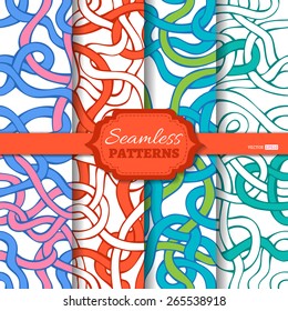 Vector set of abstract seamless patterns. Various twisted lines on white background.
