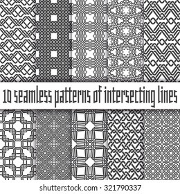 Vector set of abstract seamless patterns. Ten swatches of black lines on white backgrounds.