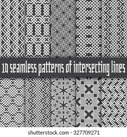 Vector set of abstract seamless patterns. Ten swatches of white lines on black backgrounds.