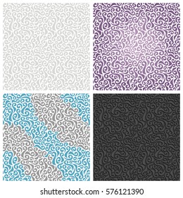 Vector set abstract Seamless Patterns: gray wavy curl on white background, purple curly art texture on light backgrounds, decorative striped grey blue wrapping paper, light black curls pattern on dark