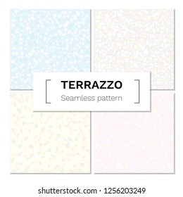 Vector set of abstract seamless terrazzo pattern. Marble mosaic flooring with natural stones, granite, concrete. Light pastel colors