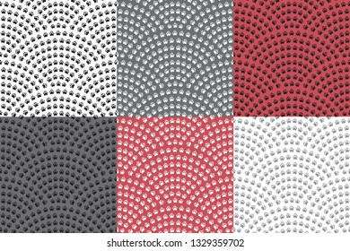 Vector set of abstract seamless wavy patterns with geometrical fish scale layout. Dark gray, white and red tiger footprint backgrounds.Fan shaped animal tracks ornament.Wallpaper, batik, textile print