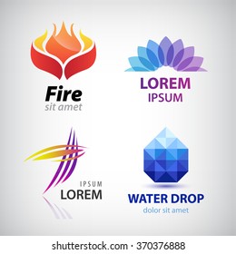 Vector set of abstract shapes, abstract logos, icons isolated. Colorful logo, identity for company, web logo. Fire logo, water drop faceted logo, flower spa logo