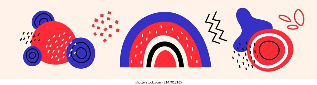 Vector set with abstract shapes. Rainbow and blots. Dots and zigzags. Red and blue elements.