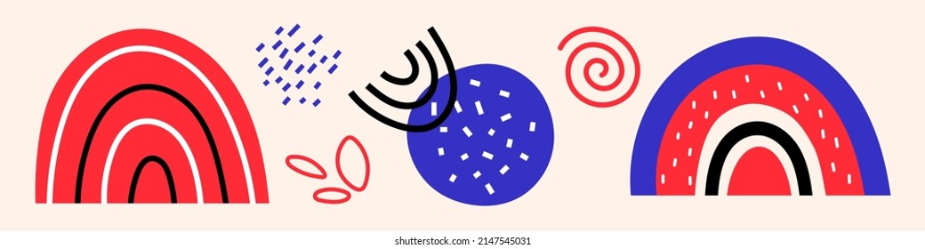 Vector set with abstract shapes. Rainbows and blots. Dots and spots. Red and blue elements.