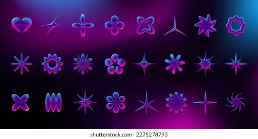 Vector set of abstract shapes (star, heart, flower) in Y2K style with retro-futuristic 3D neon gradient effect - perfect for posters and stickers