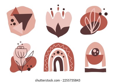 Vector set of abstract shapes in terracotta color. Hand drawn cutout silhouettes of branches, blobs, flowers vases. Contemporary doodle art