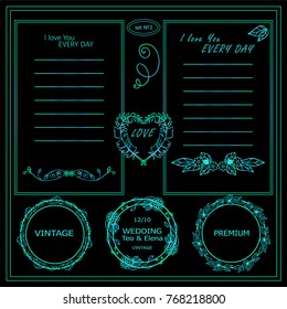 Vector set of abstract sign, symbols. Elements for frames, borders, corners, squares, dividers, logo and more.  Different elements in each set, modern neon blue and green colors