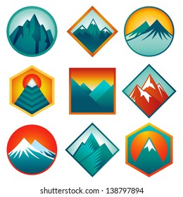 Vector set with abstract signs and  icons - mountains and summits in blue color