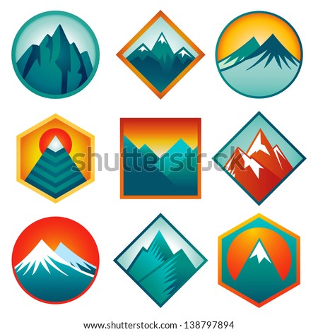 Vector set with abstract signs and  icons - mountains and summits in blue color