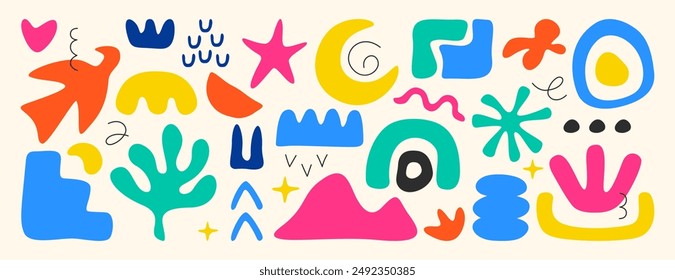 Vector set of abstract simple geometric shapes, lines and nature forms. Collection of hand drawn trendy basic figures, organic matisse elements. Freehand freeform color objects, floral plants, leaves.